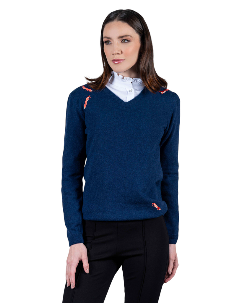 Fox V-Neck Sweater -Navy - Hound & Hare