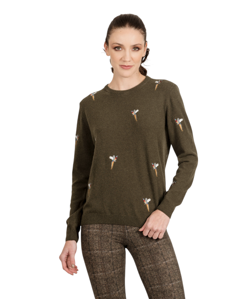 Pheasant Crew Neck Sweater - Olive - Hound & Hare