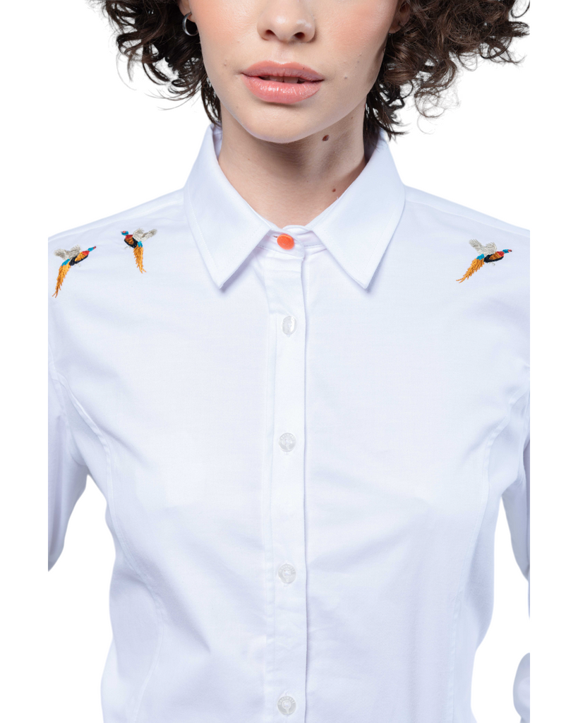 Embroidered Pheasant Luxury Cotton Shirt - White - Hound & Hare