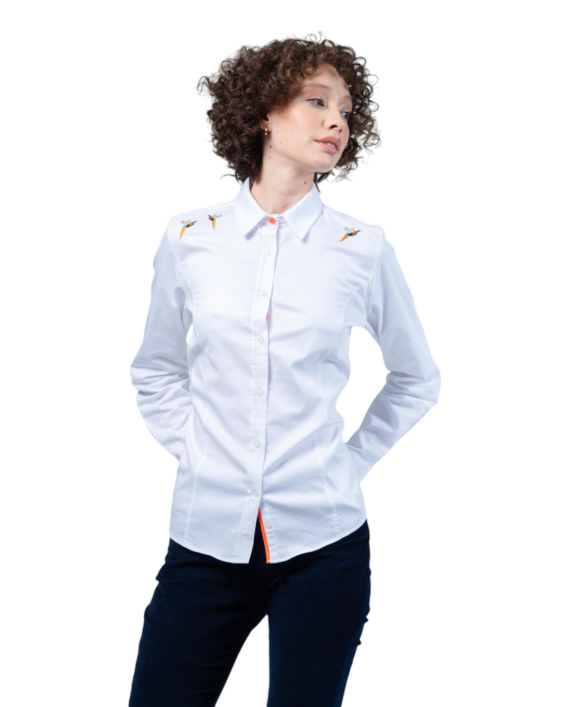 Embroidered Pheasant Luxury Cotton Shirt - White - Hound & Hare
