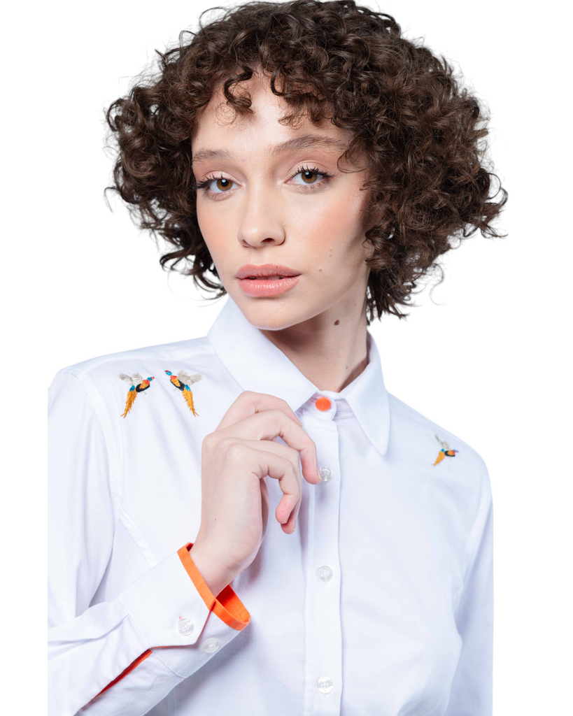 Embroidered Pheasant Luxury Cotton Shirt - White - Hound & Hare