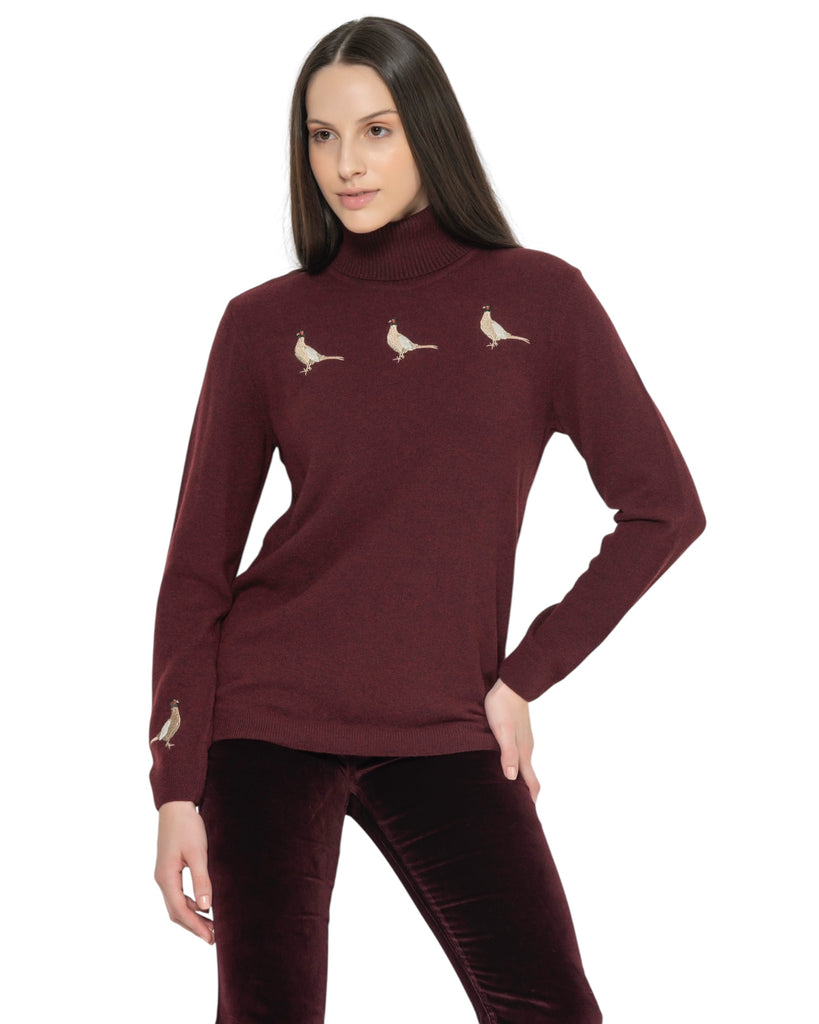 New Pheasants Roll Neck Sweater - Burgundy - Hound & Hare