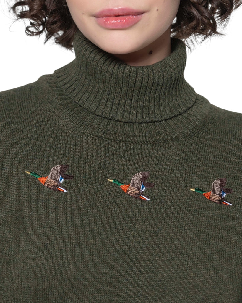 Flying Ducks Roll Neck Sweater - Olive - Hound & Hare