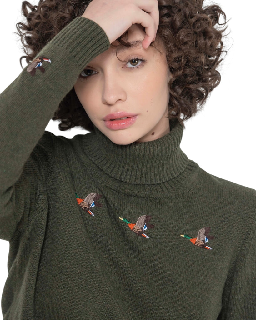 Flying Ducks Roll Neck Sweater - Olive - Hound & Hare