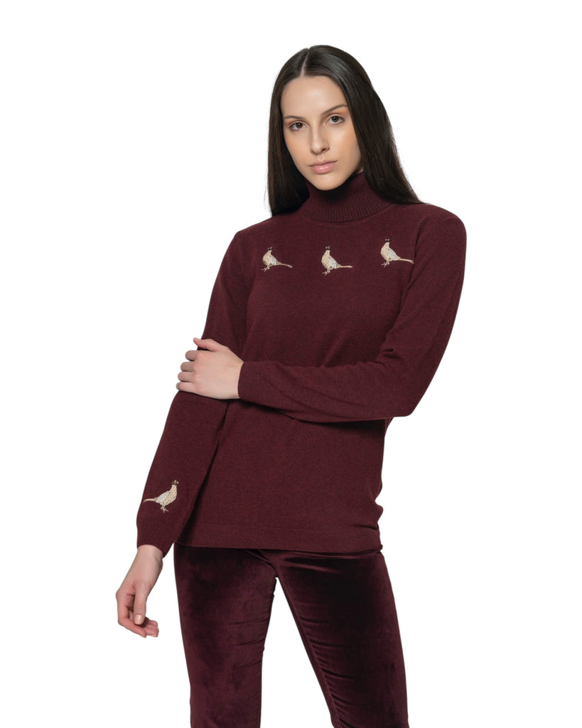 New Pheasants Roll Neck Sweater - Burgundy - Hound & Hare