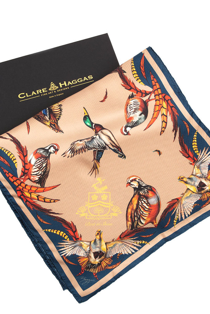 Clare Haggas Classic Best in Show Silk Scarf - Toffee & Navy - Hound & Hare