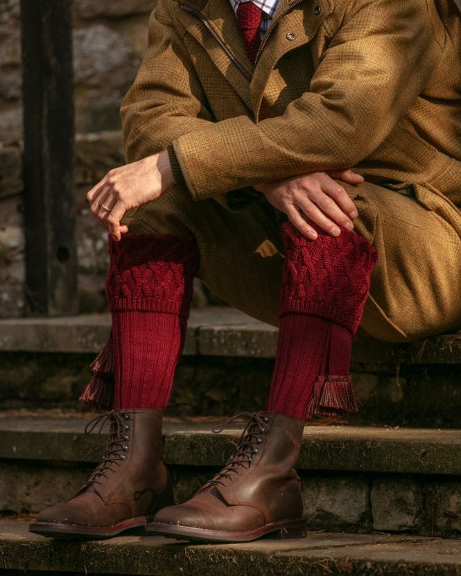 Rannoch Shooting Socks with Garter Ties - Burgundy - Hound & Hare