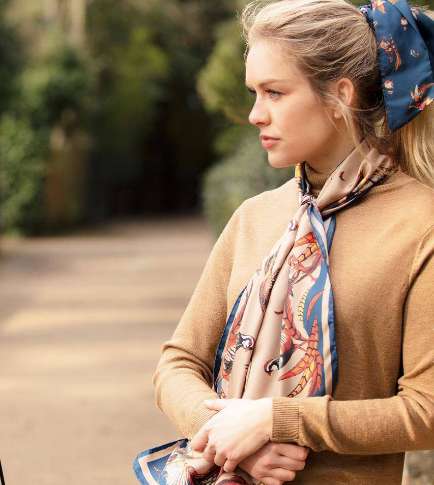 Clare Haggas Classic Best in Show Silk Scarf - Toffee & Navy - Hound & Hare
