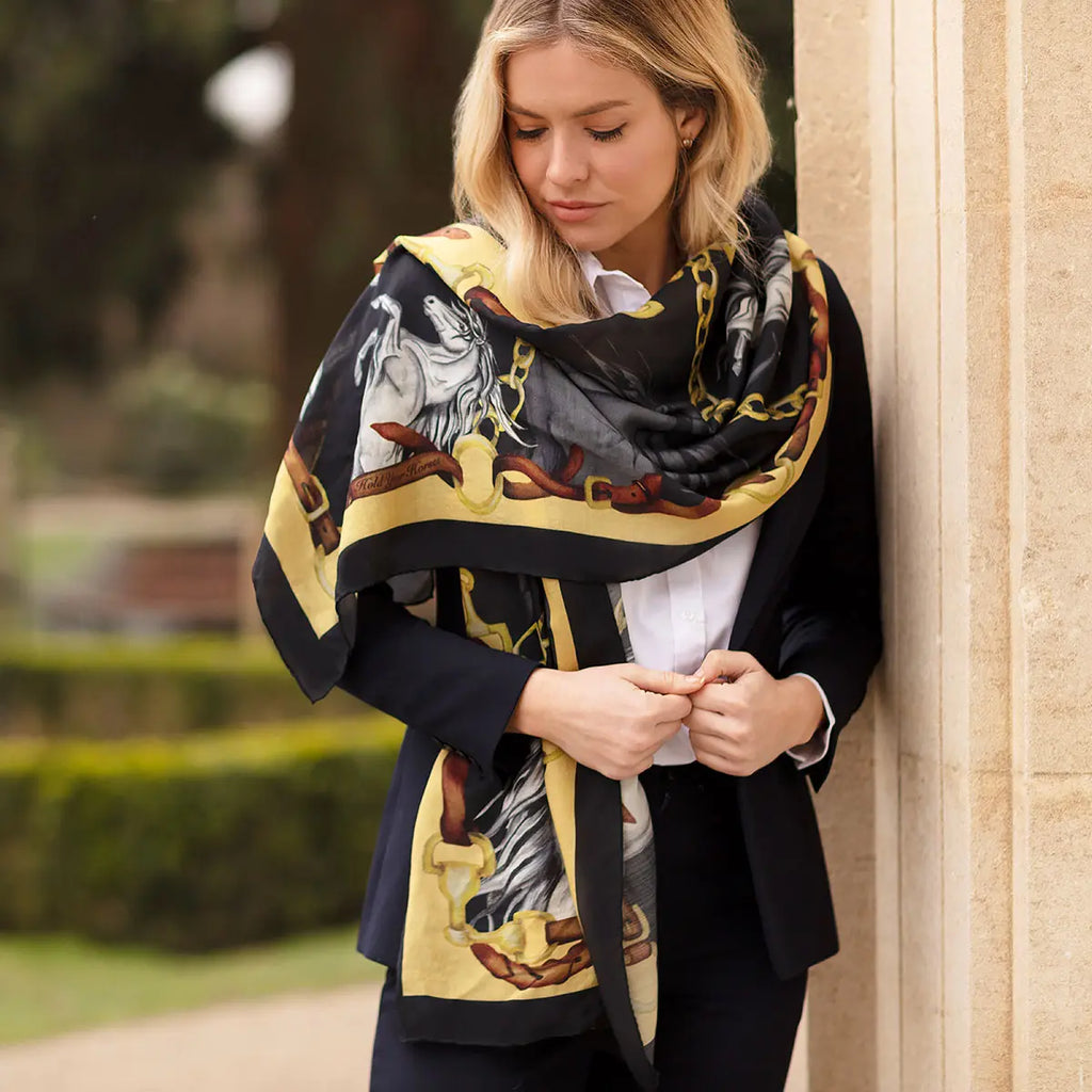Clare Haggas Hold Your Horses Wool/Silk Wrap - Liquorish/Gold - Hound & Hare